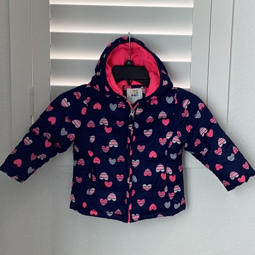 Healthtex navy blue & pink puffer coat jacket with hearts, Size 12-18 months.